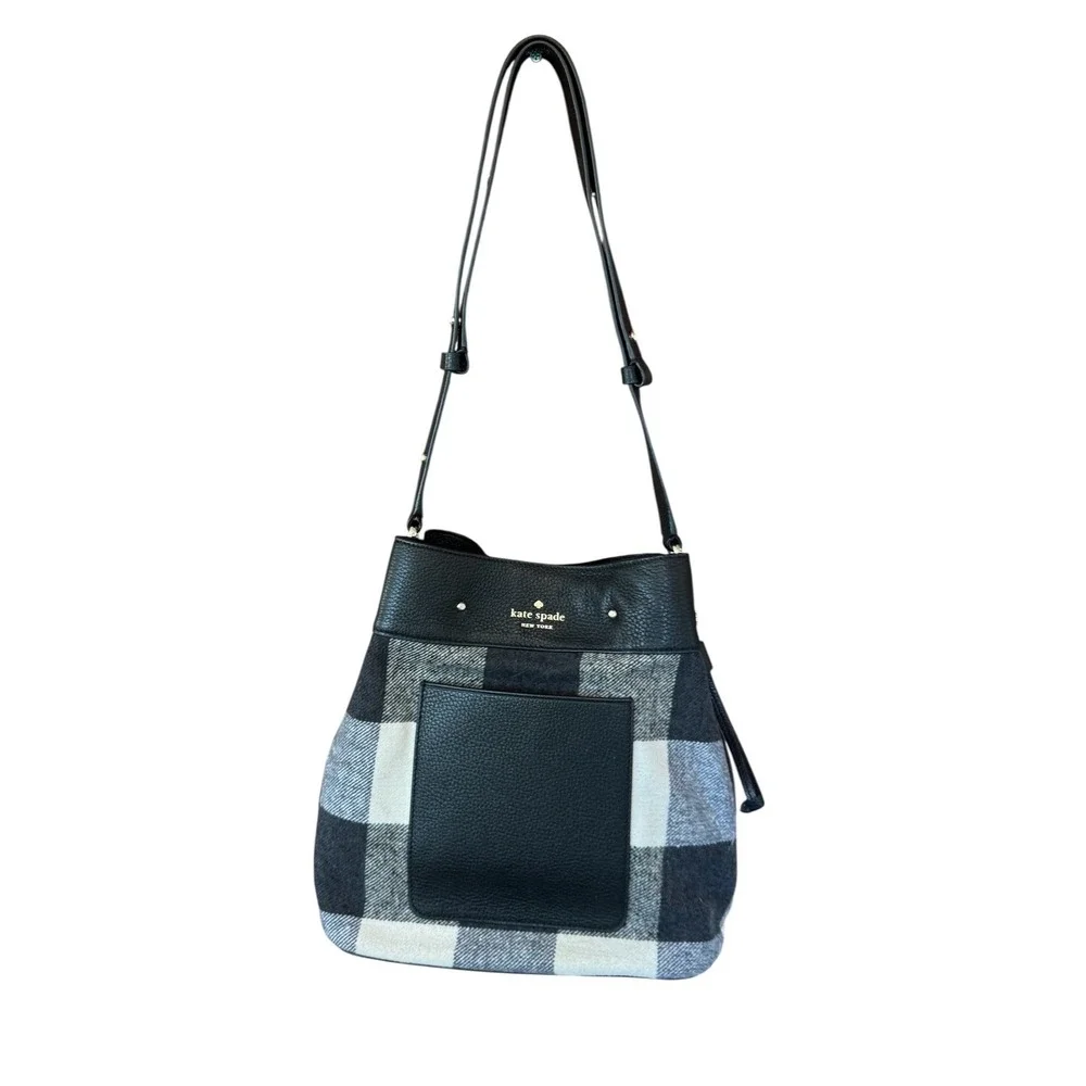 Kate Spade Marti Large Bucket Bag Buffalo Plaid Pebbled Leather Black White